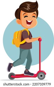 
Happy Student Going to School on a Scooter Vector Cartoon Illustration. Cheerful school child starting classes riding an electric transportation mode
