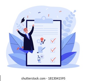 Happy student in gown celebrating graduation. Diploma, university, college flat vector illustration. Study and education concept for banner, website design or landing web page