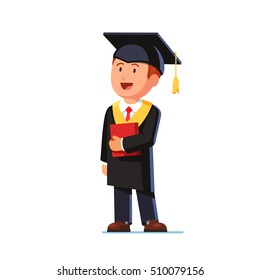 Happy student graduated from business school wearing mortar board hat and gown. Educated businessman thinking about his future. Flat style vector illustration isolated on white background.