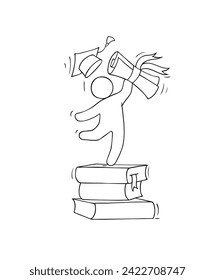 Happy student graduates on ceremony for university or college degree diploma. Success high school education concept. Vector hand drawn man throw graduation caps and certificate scrolls in air standing