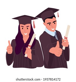  happy student and a student in a graduation cap and robe stands with her diploma. Flat vector illustration. Young people received a diploma
