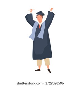 Happy student guy celebrating graduation holding diploma vector flat illustration. Smiling academic man in bachelor apparel raising hands isolated on white. Joyous cartoon character having fun