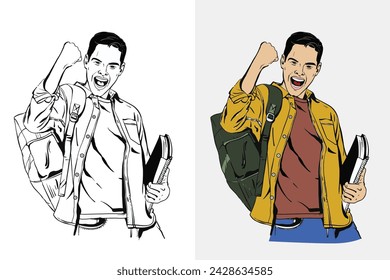 A happy student having an excellent mark for exam, a student man holding a book, Success and achievement concept, Colorful and black and white vector illustration.