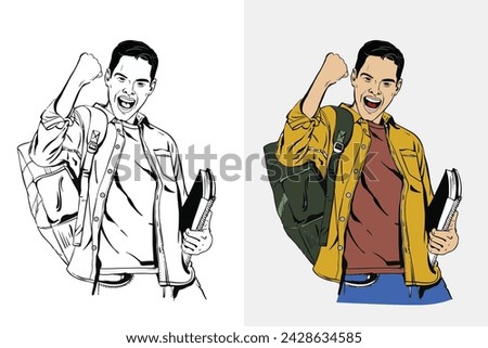 A happy student having an excellent mark for exam, a student man holding a book, Success and achievement concept, Colorful and black and white vector illustration.