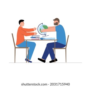 Happy student having geography lesson with his tutor flat vector illustration
