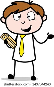 Happy Student Holding a Book in Hand And Gesturing with Hand - Office Salesman Employee Cartoon Vector Illustration