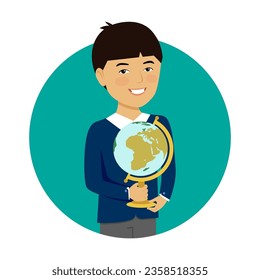 Happy student holding school globe flat vector circle icon. Smart boy in school uniform at geography lesson isolated on white background. Children activities, education concept