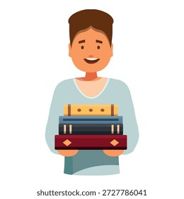 Estudante feliz segurando uma pilha de livros, simbolizando aprendizagem, educação e a busca do conhecimento