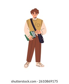 Happy student holds heap of textbook. Teen boy with pile of book in hands and school crossbody bag stands. Joyful schoolboy, pupil with schoolbag. Flat isolated vector illustration on white background