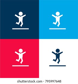 Happy student jumping to celebrate for finishing classes four color material and minimal icon logo set in red and blue