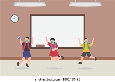 Feliz estudiante saltando en la clase 2D concepto de vector plano para banner, sitio web, ilustración, página de inicio, volante, etc.