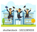 Happy Student Jumping in graduation ceremony party with background