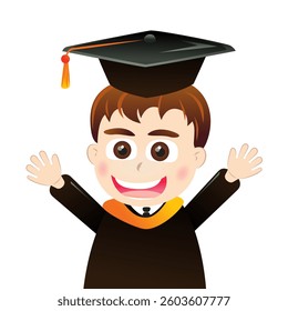 Happy student kid in graduation suit and cap isolated on white background. Graduate boy

