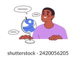 Happy student, learner and Earth globe. Global international education, studying foreign languages, learning abroad, academic knowledge concept. Flat vector illustration isolated on white background.