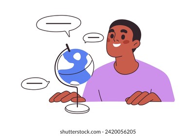 Feliz estudiante, aprendiz y globo terrestre. Educación internacional global, estudio de idiomas extranjeros, aprendizaje en el extranjero, concepto de conocimiento académico. Ilustración vectorial plana aislada en fondo blanco.