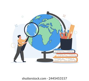 Happy student, learner and Earth globe. Global international education, studying foreign languages, learning abroad, academic knowledge concept. Flat vector illustration isolated on white background.