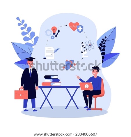 Happy student learning about careers vector illustration. Advisor helping graduating boy prepare for future, write resume and get job. Career education, profession choice concept