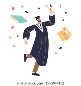 Happy student man graduating from university or college with academy education degree dressed in gown. Cheerful alumnus guy celebrate graduation. Cartoon flat vector illustration