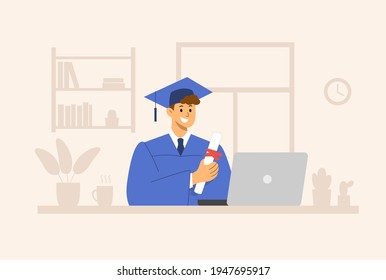 Happy student in mortarboard with diploma and laptop computer. Graduate online e learning concept. Vector illustration.