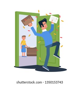 Happy student passed exam vector illustration. Pupil getting high grade flat clipart. Exam results. Cheerful excited teenager cartoon character. Euphoric guy celebrating in school corridor