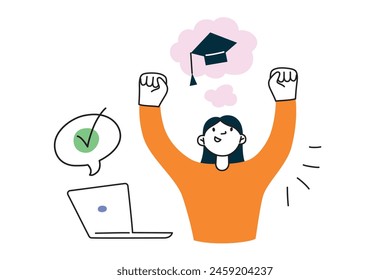 Afortunado estudiante pasó la prueba en línea, chica después del examen final, soñando con la graduación, la composición de la educación, doodle iconos de sombrero de graduación y computadora portátil, Ilustración vectorial de éxito en el estudio