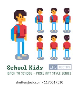 Happy Student, Pixel Art Character. Boy With A Backpack. School Kids. Looping Sequence. Isolated Vector Illustration. Design For App, Game Developers And Motion Graphics. View From The Front And Side.