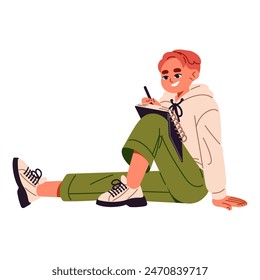 Happy student prepares homework, learning, studies. Cute boy sits on the floor, writes in notebook, copybook. Teenager takes notes in a diary. Flat isolated vector illustration on white background