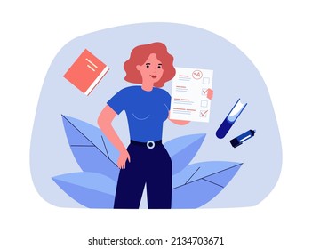 Happy student showing paper exam sheet with A plus grade. Success studying of girl flat vector illustration. Study, questionnaire, proficiency concept for banner, website design or landing web page