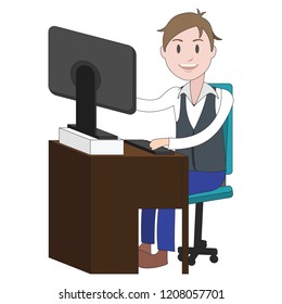 Happy Student sitting on a computer table lab classroom home reading online contents getting ready to study teen education kindergarten boy