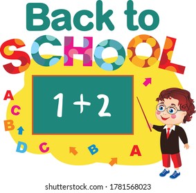 A happy student solves an example at the blackboard against the background of letters. Vector image on a yellow background.