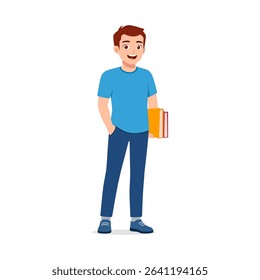 Happy Student Standing with Books, Asian Ethnicity, Wearing Blue Shirt and Jeans, Full Body