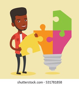 Happy student standing near the idea bulb. An african-american student takes apart idea light bulb made of puzzle. Smiling student having a great idea. Vector flat design illustration. Square layout.