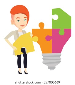 Happy student standing near the idea bulb. Female student takes apart idea light bulb made of puzzle. Smiling student having a great idea. Vector flat design illustration isolated on white background.