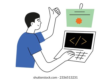 Happy student takes online courses on coding, IT distant education concept, hand drawn composition with digital profession certificate, thumb up, vector illustration of html code, web development