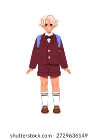 Happy student in uniform with backpack. Cute little boy in red suit with shorts and jacket. Kid in school costume. Adorable child with rucksack. Flat isolated vector illustration on white background