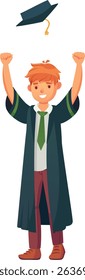 Happy student wearing graduation gown and tie throwing graduation cap in the air celebrating successful achievement, completing university degree, college, academic, educational concept