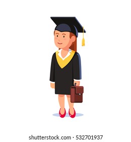 Happy student woman graduated from MBA business school wearing mortar board hat and gown. Educated businesswoman thinking about her future. Flat style vector illustration isolated on white background.