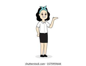 Happy student woman posing presenting on white background, Cartoon vector illustration