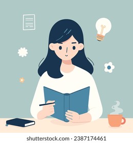 happy student women reading a book and holding a pen, education concept, flat vector girl preparing for exam, illustration young female teenage person writing daily dairy note, learning thoughts ideas