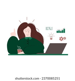 Happy student, worker or blogger is sitting at laptop and having idea. Woman with raised forefinger gesture.