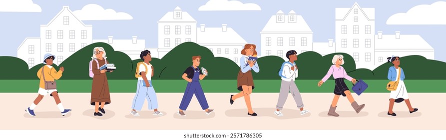 Happy students back to school banner. Cute kids with backpacks, books go to study one by one. Diverse children, pupils, boys, girls walk together at Knowledge day panorama. Flat vector illustration