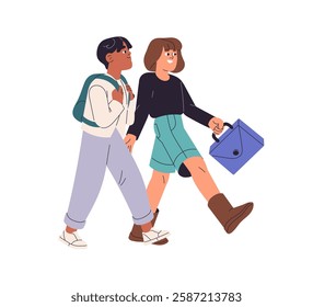 Happy students back to school. Kids with backpack go to first grade together. Children friends carry schoolbags. Boy and girl with rucksacks, knapsacks. Flat isolated vector illustration on white