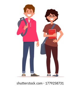 Happy students with backpacks and books. Vector illustration in flat style isolated on white background
