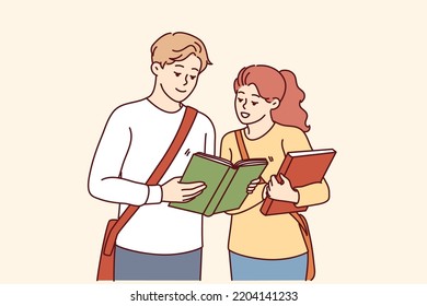 Happy students with book get ready for school exam or lesson. Smiling millennial people with textbooks before class in college. Vector illustration. 