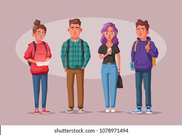 Happy students with books and gadgets. Cheerful, beautiful girls and guys Cartoon vector illustration