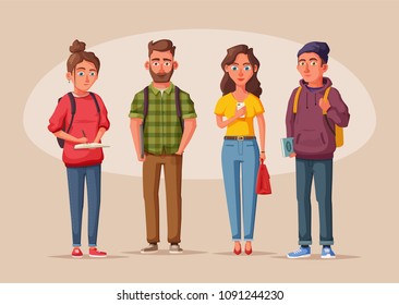 Happy students with books and gadgets. Cheerful, beautiful girls and guys Cartoon vector illustration