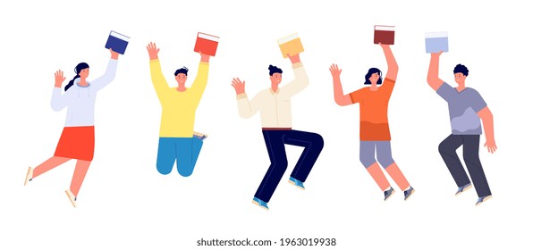 Happy students with books. Jump student, book flat college teenagers. Smiling school boy girl. Isolated readers jumping utter vector concept