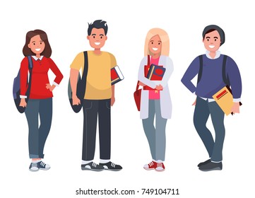 Happy students with books on an isolated background. Young people with books and backpacks. Vector illustration.