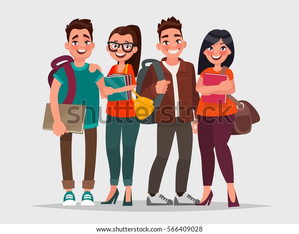 Happy students with books on an isolated background. Vector illustration in cartoon style