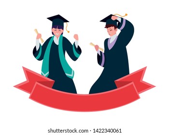 happy students boys graduated celebrating with ribbon